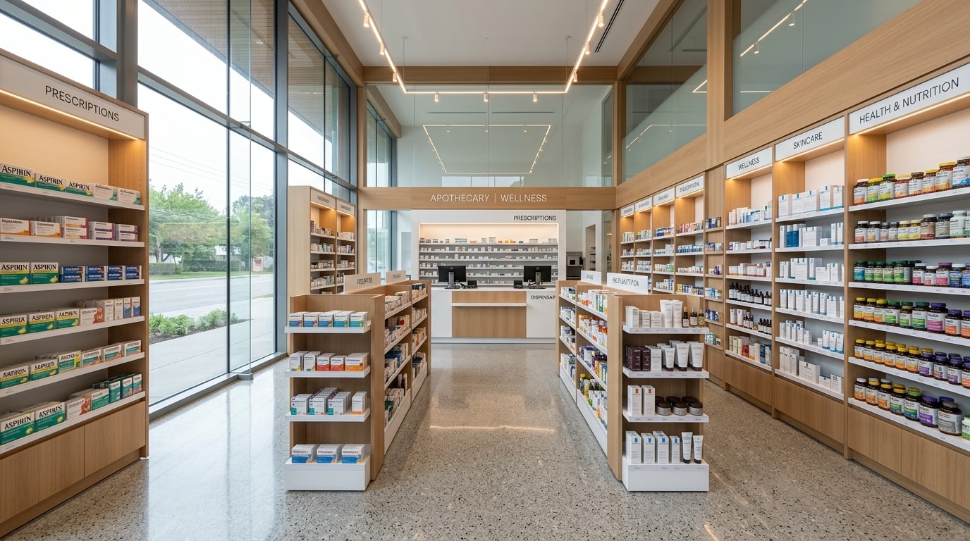 Spacious modern interior of Lamstone Healthcare Hypermarket with apothecary, wellness, and beauty departments