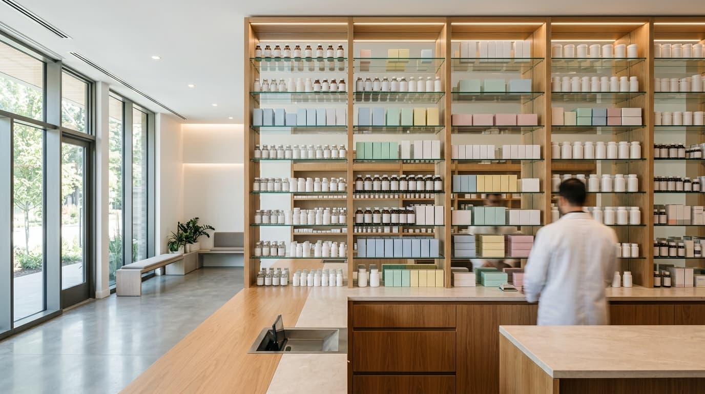 Modern pharmacy dispensary interior with organized medicine shelving and pharmacist care